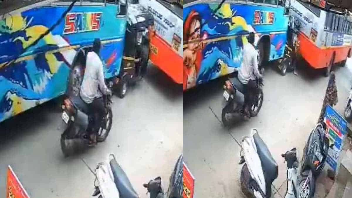 இரண்டு பேருந்துகளுக்கு நடுவில் நசுங்கிய ஆட்டோ! சிசிடிவியில் பதிவான அதிர்ச்சி சம்பவம்… 